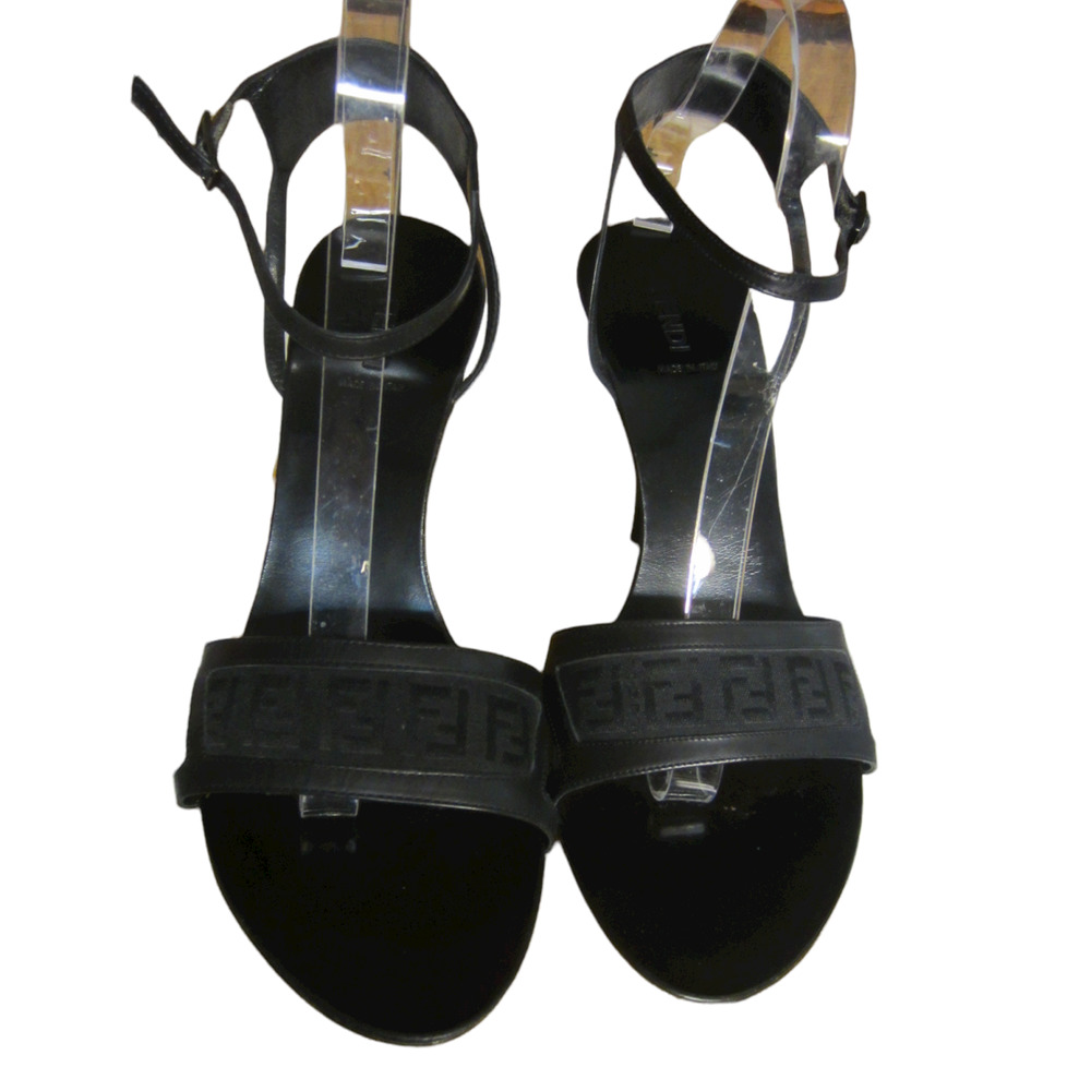 Fendi Black Zucchino FF Logo Leather High Heel Ankle Strap Sandals Size 41